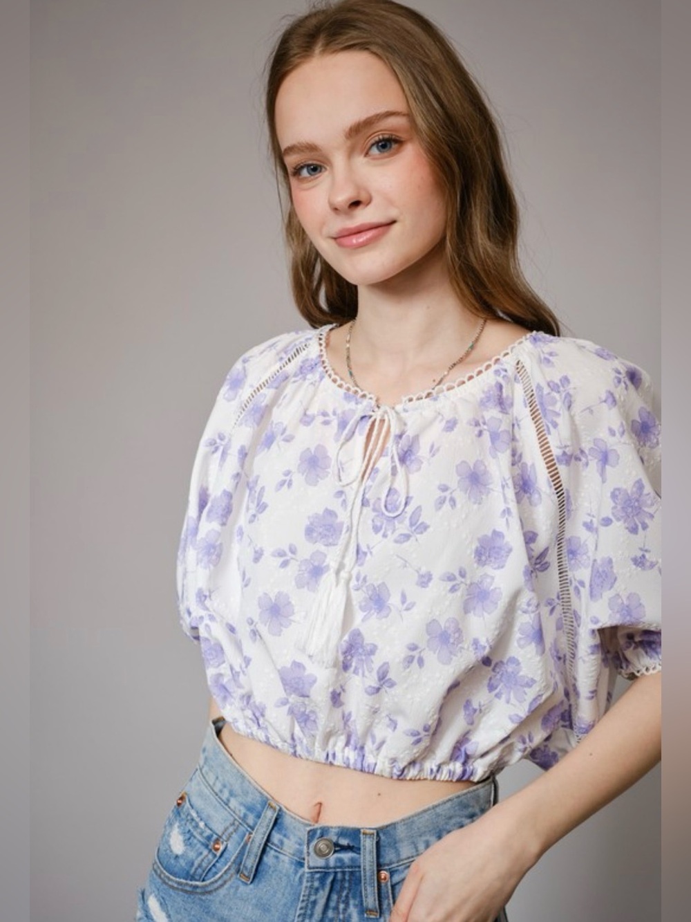 Lilac Floral Tie-Front Puff-Sleeve Crop Top